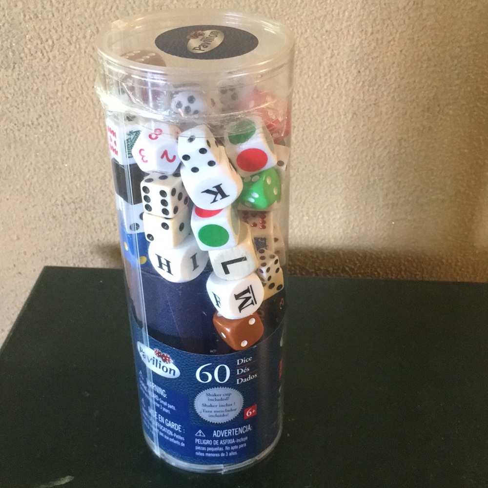 Dice set of 60 Every kind imaginable+Cup NEW Game night Must Have Never Without